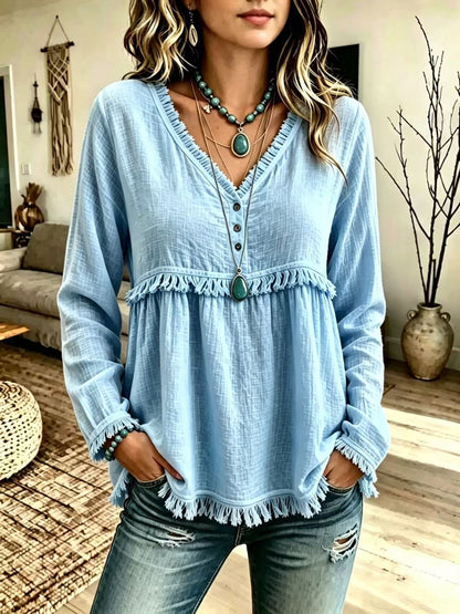 Women's V-Neck Fringe Long Sleeve Casual Blouse