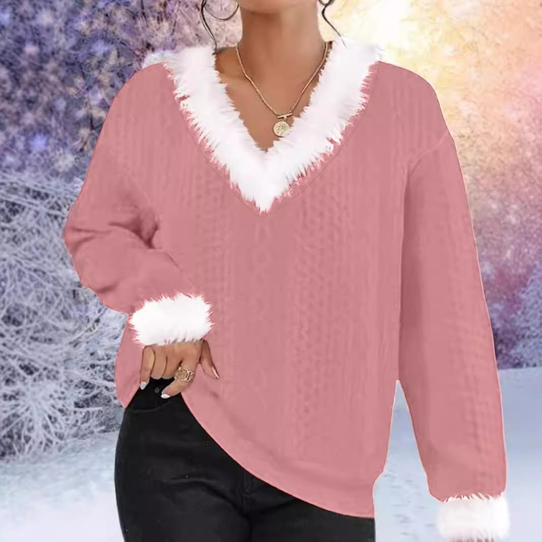 Women's Faux Fur V-Neck Cable Knit Christmas Sweater