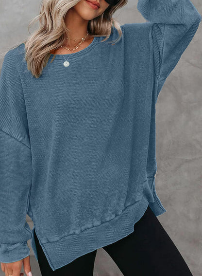 Waffle Split Hem Sweatshirt Women Casual Long Sleeve Top