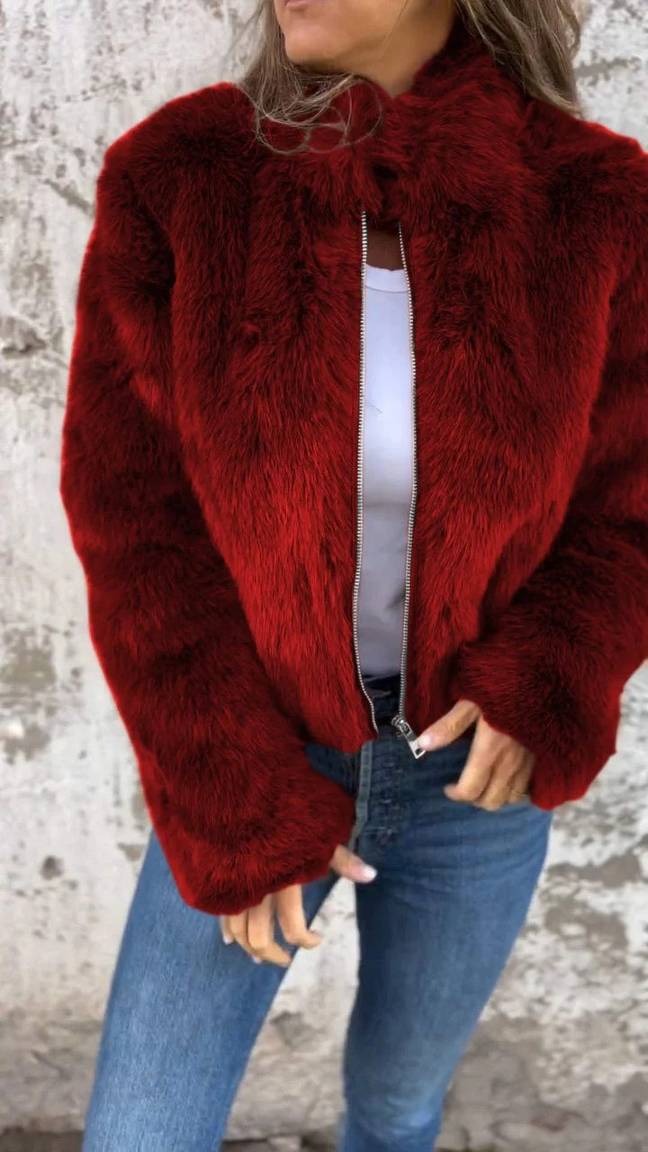 Women's Faux Fur Zip Jacket High Neck Cozy Outerwear