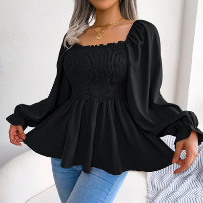 Smocked Square Neck Bell Sleeve Ruffle Peplum Top
