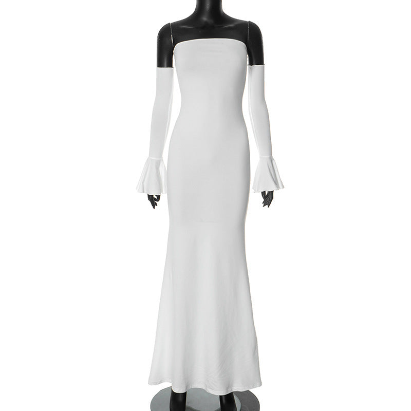 Strapless Bodycon Mermaid Maxi Dress Bell Sleeves