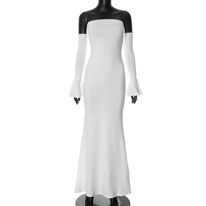 Strapless Bodycon Mermaid Maxi Dress Bell Sleeves