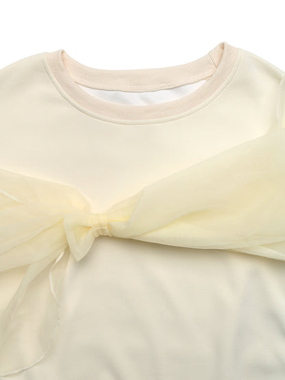 Women's Solid Bow Sweatshirt Organza Crew Neck Pullover