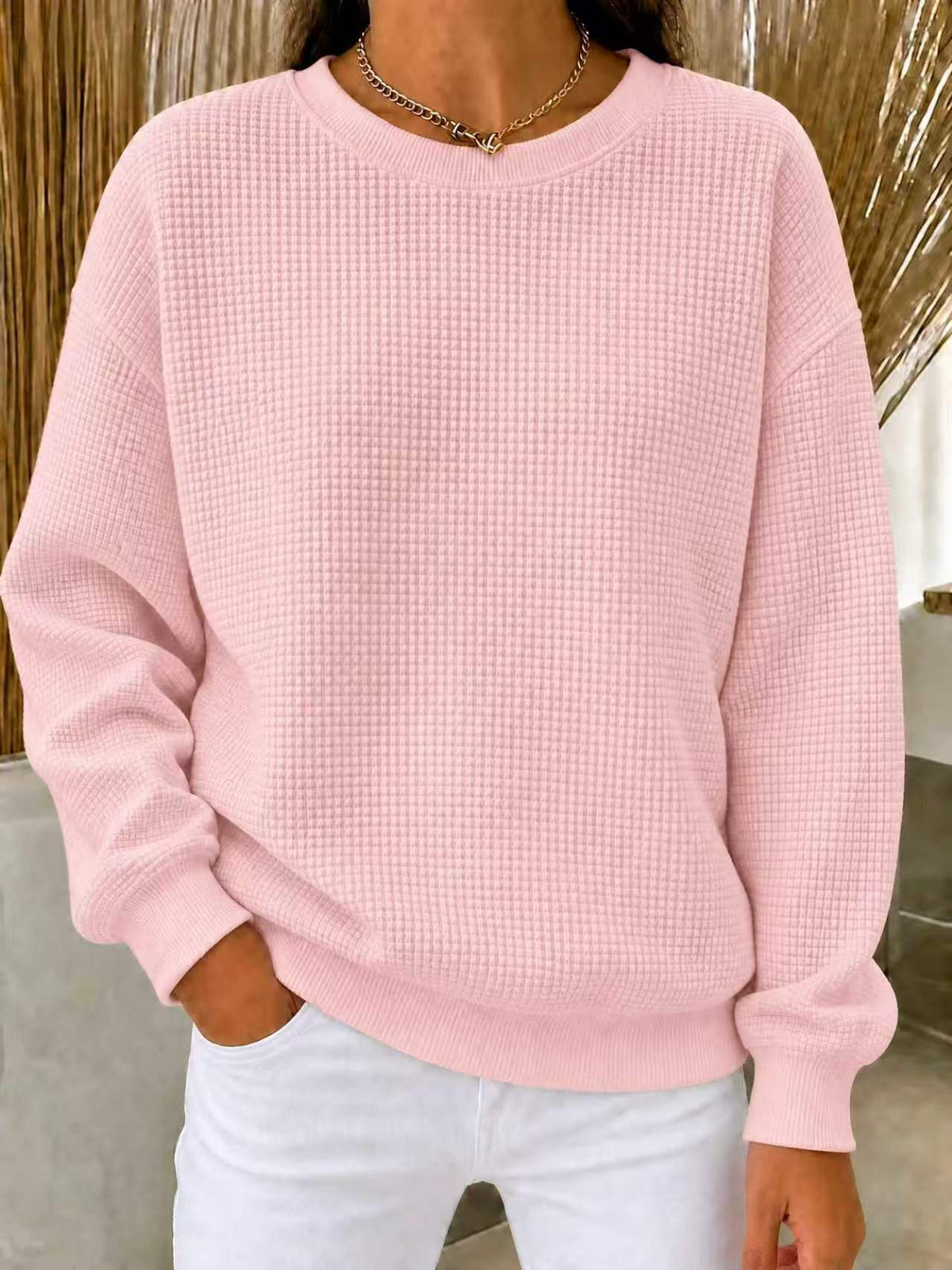 Women's Waffle Knit Oversized Crew Neck Long Sleeve Top