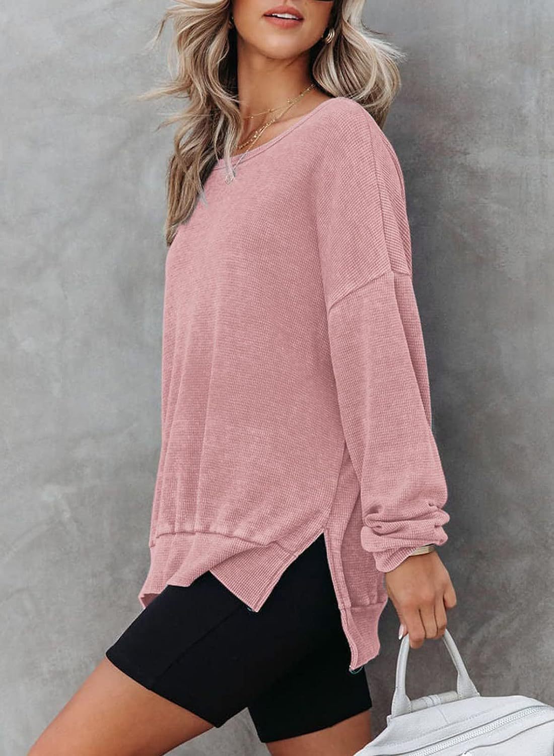 Waffle Split Hem Sweatshirt Women Casual Long Sleeve Top