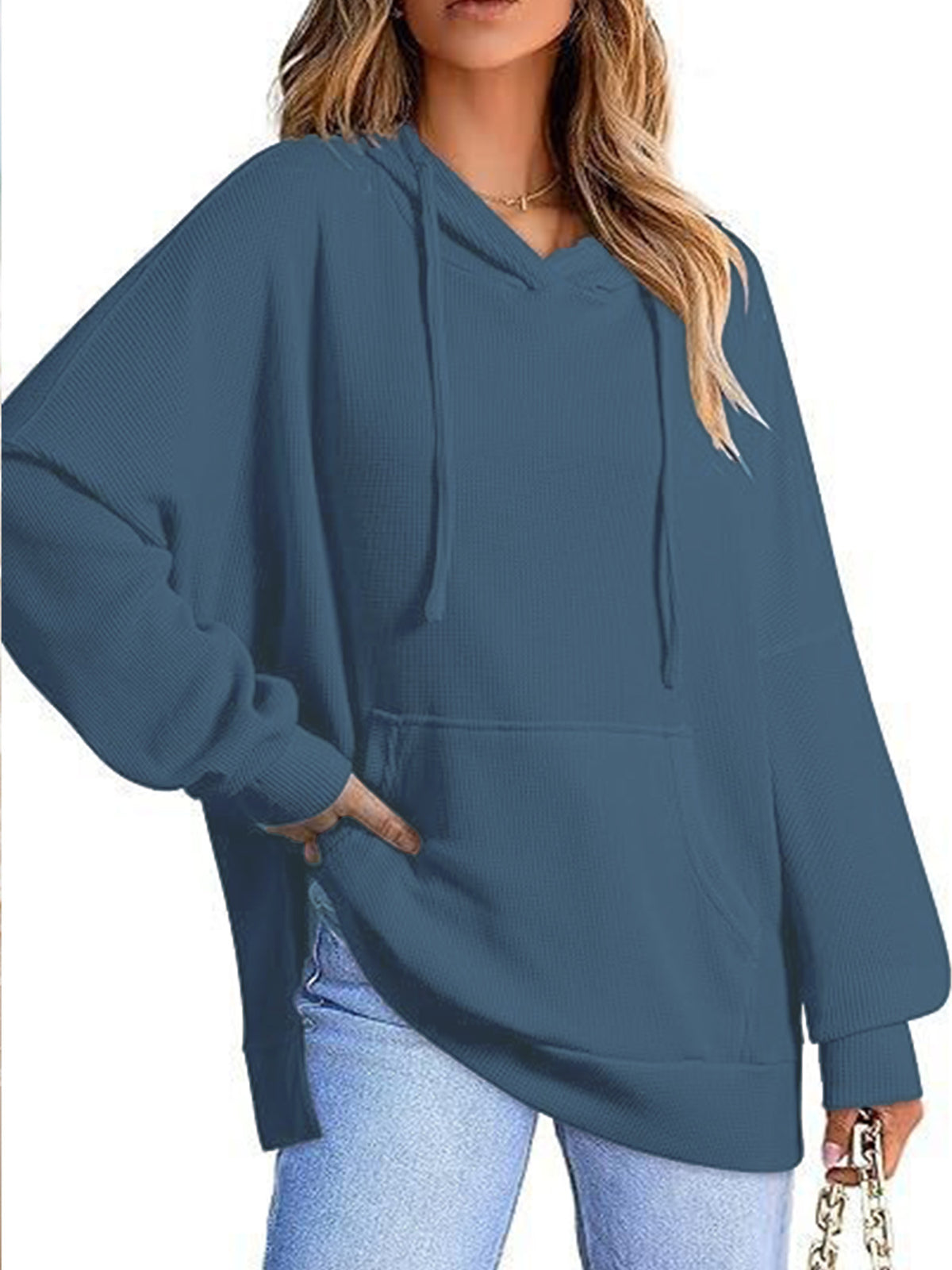 Women's Waffle Knit Hoodie Oversized Side Slit Pocket
