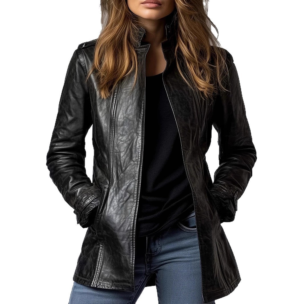 Women's Distressed Faux Leather Jacket Gothic Stand Collar