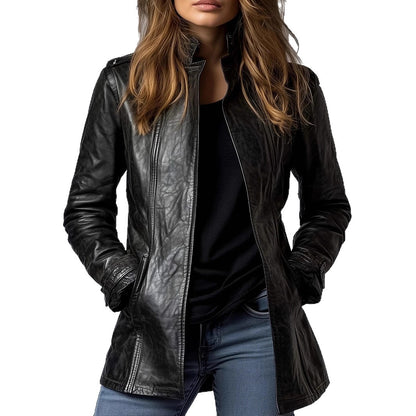 Women's Distressed Faux Leather Jacket Gothic Stand Collar