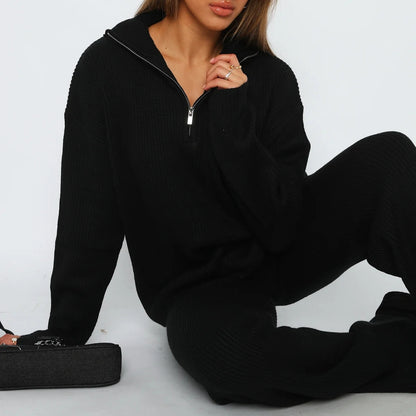 Women's Ribbed Knit Two Piece Set Half Zip Sweater Pants