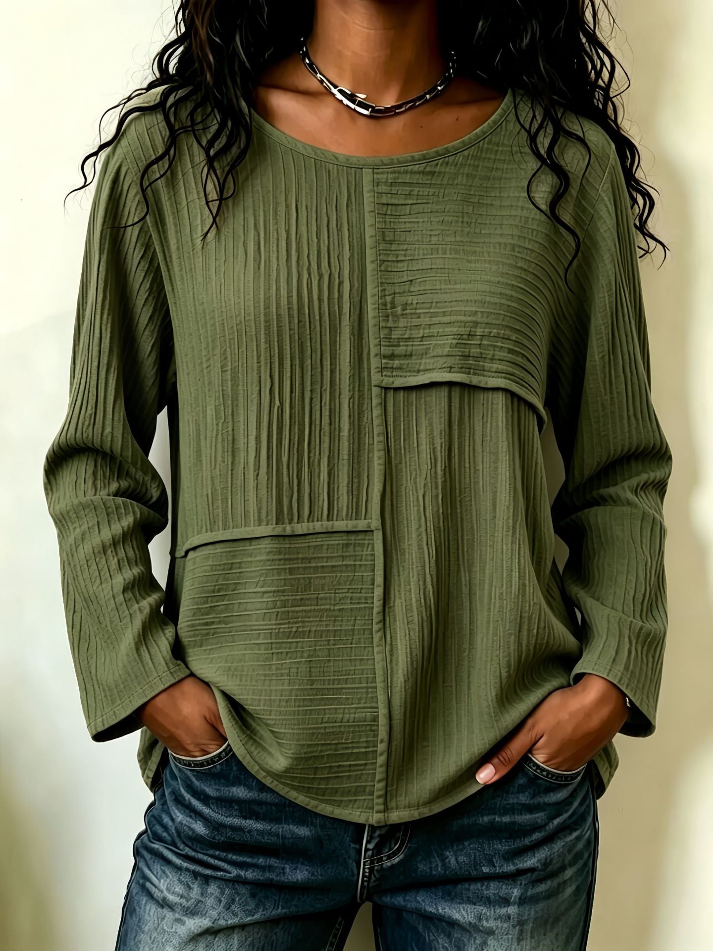 Women's Oversized Patchwork Crew Neck Long Sleeve Top