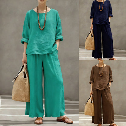 Women's Linen Cotton Matching Set Wide Leg Pants Two Piece