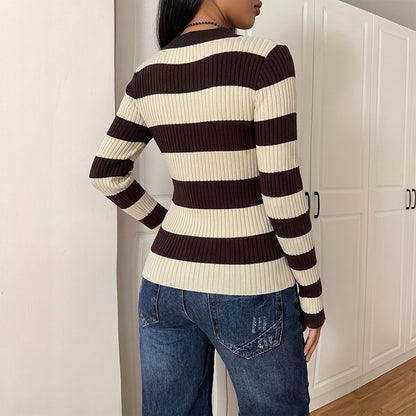 Striped Ribbed Polo Collar Slim Fit Knit Sweater