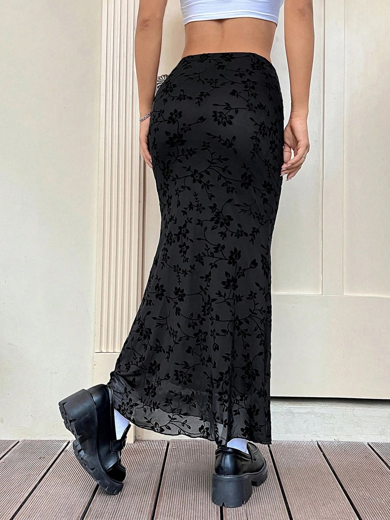 Green Floral Fishtail Midi Skirt for Women