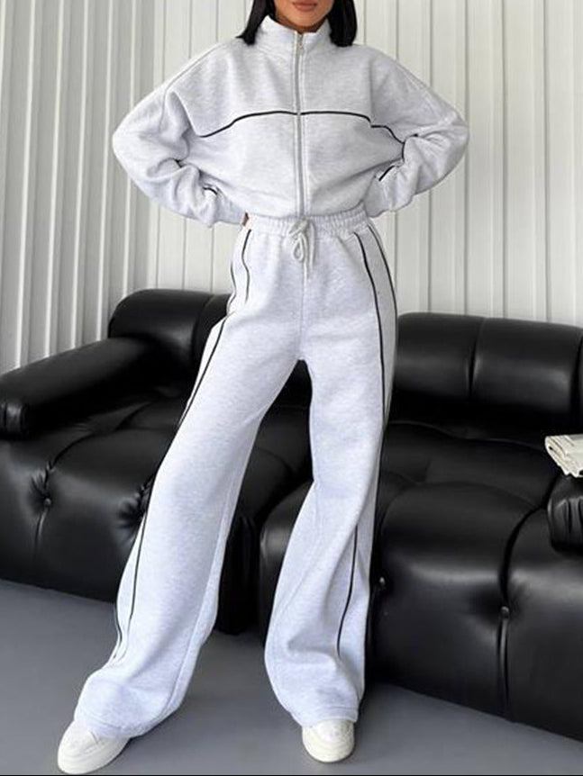 Womens Two Piece Striped Zip Up Sweatshirt Pants Set