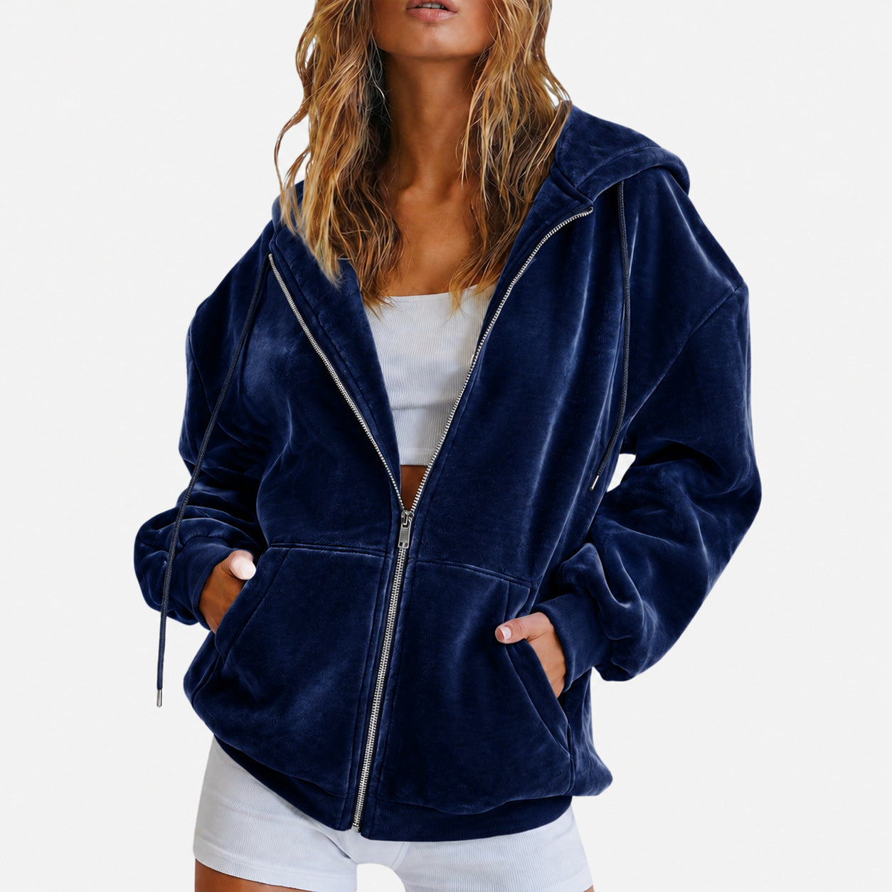Velvet Zip Up Hoodie Relaxed Fit Hooded Jacket