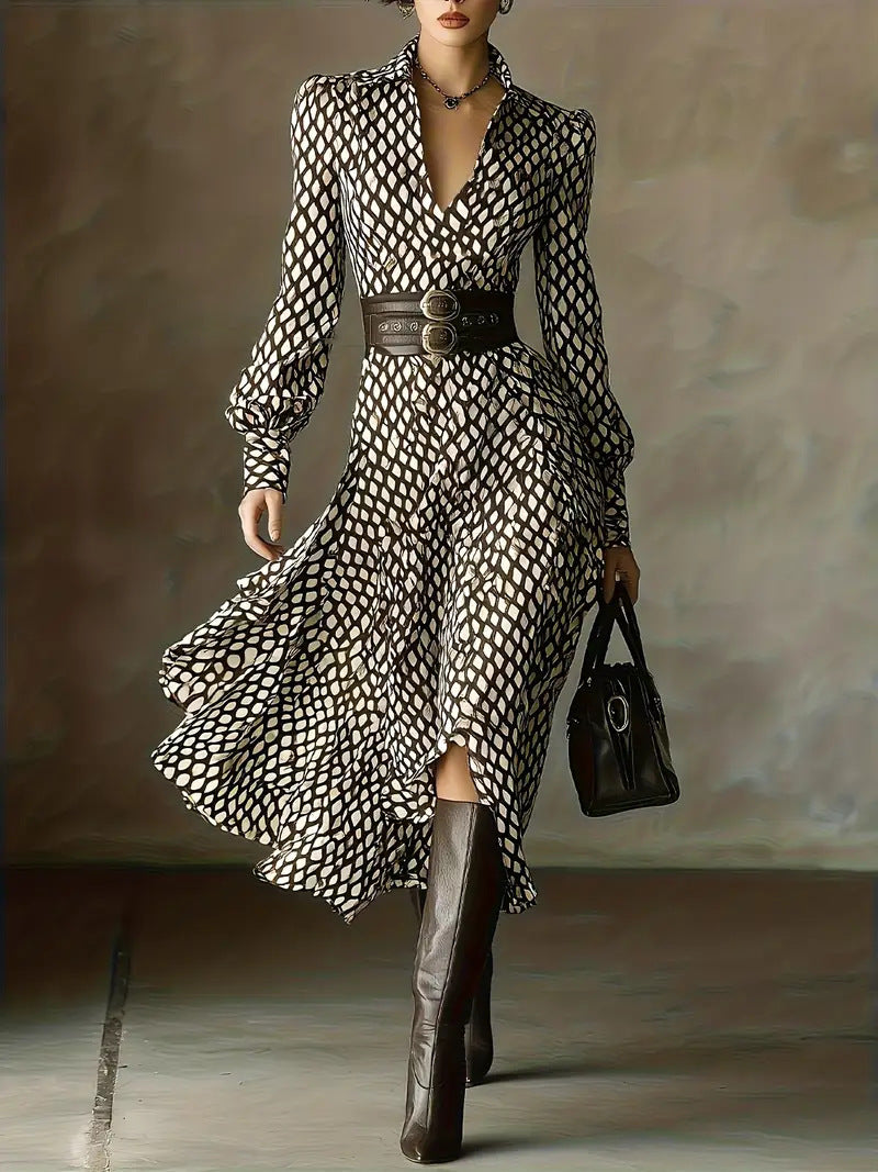 Casual V-Neck Long Sleeve Printed Maxi Dress Belted