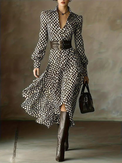 Casual V-Neck Long Sleeve Printed Maxi Dress Belted