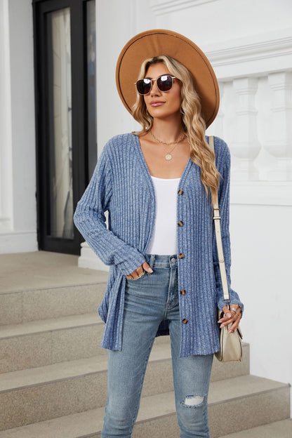 Soft Ribbed Button-Down Knit Cardigan for Fall & Winter
