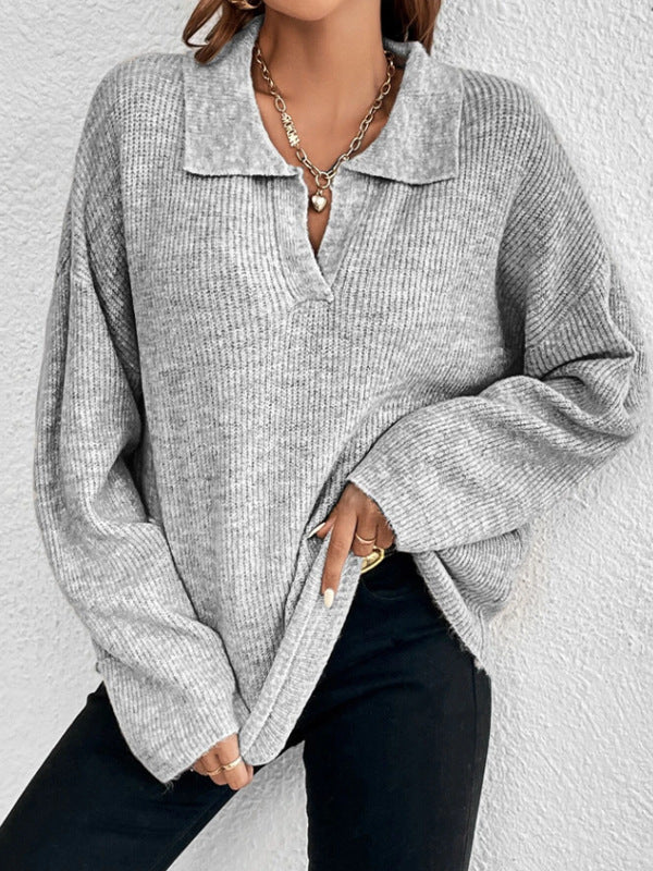 Women's Ribbed Polo Collar Sweater Long Sleeve Pullover
