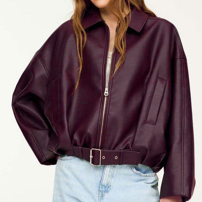 Women's Oversized Faux Leather Bomber Jacket Vintage