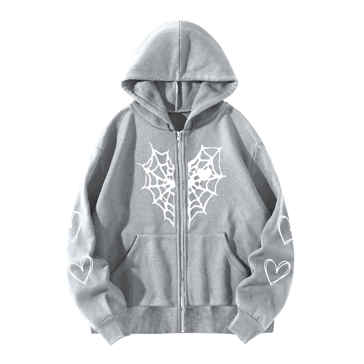 Women's Gothic Spider Web Heart Print Zip Up Hoodie