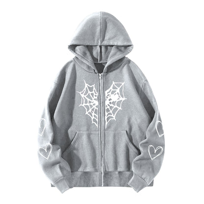 Women's Gothic Spider Web Heart Print Zip Up Hoodie