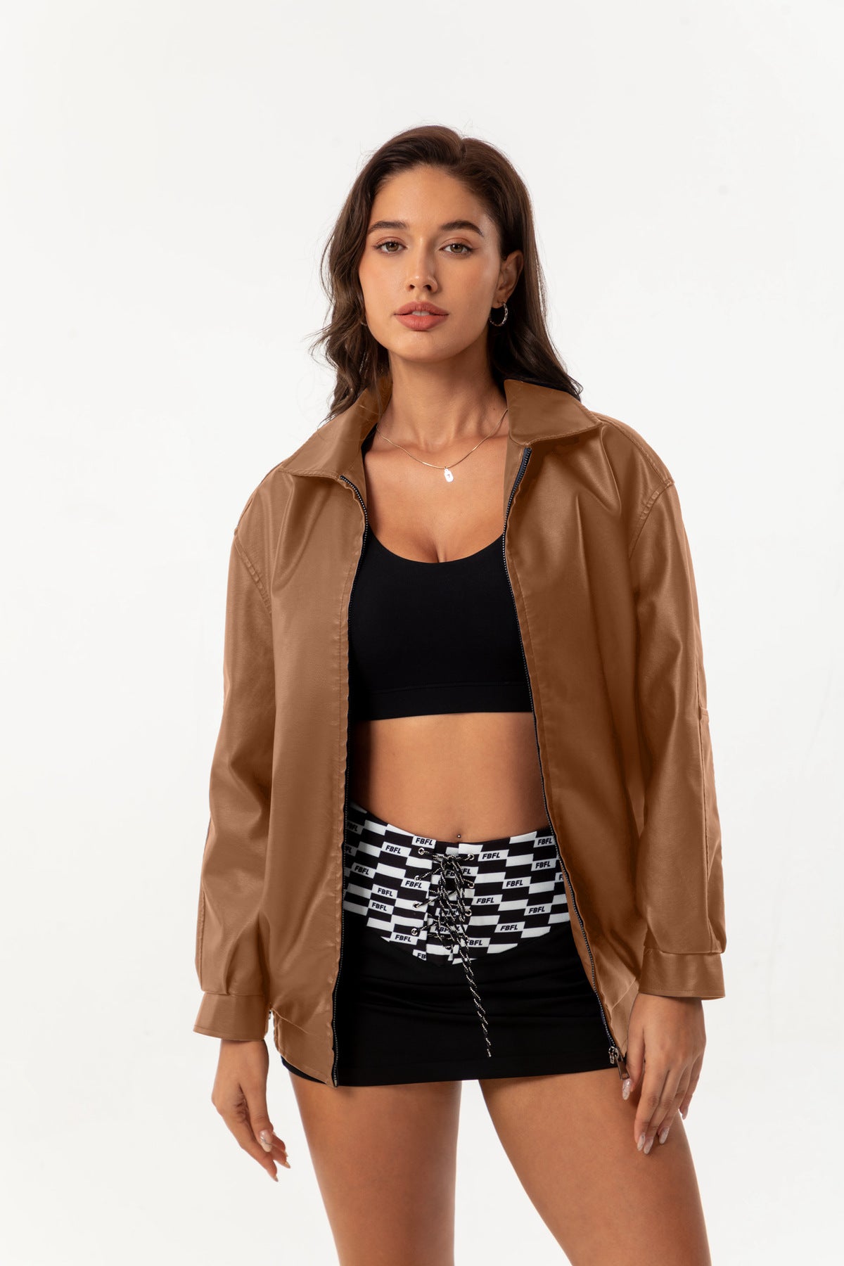 Womens Oversized Faux Leather Jacket Zip Up Casual