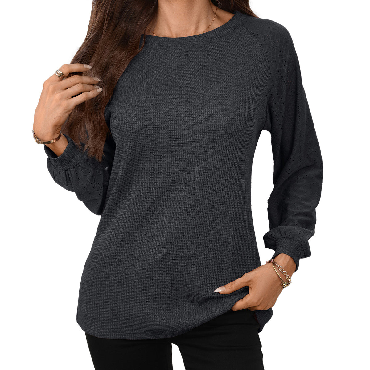 Women's Waffle Knit Raglan Eyelet Long Sleeve Top