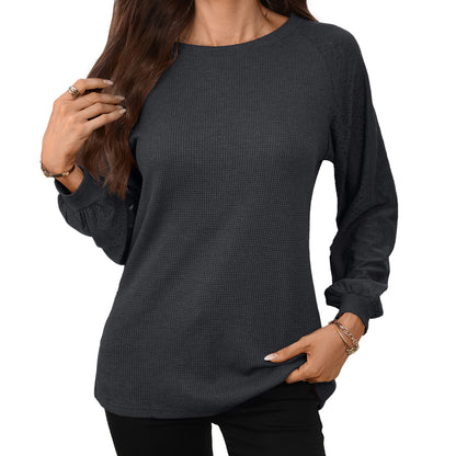 Women's Waffle Knit Raglan Eyelet Long Sleeve Top