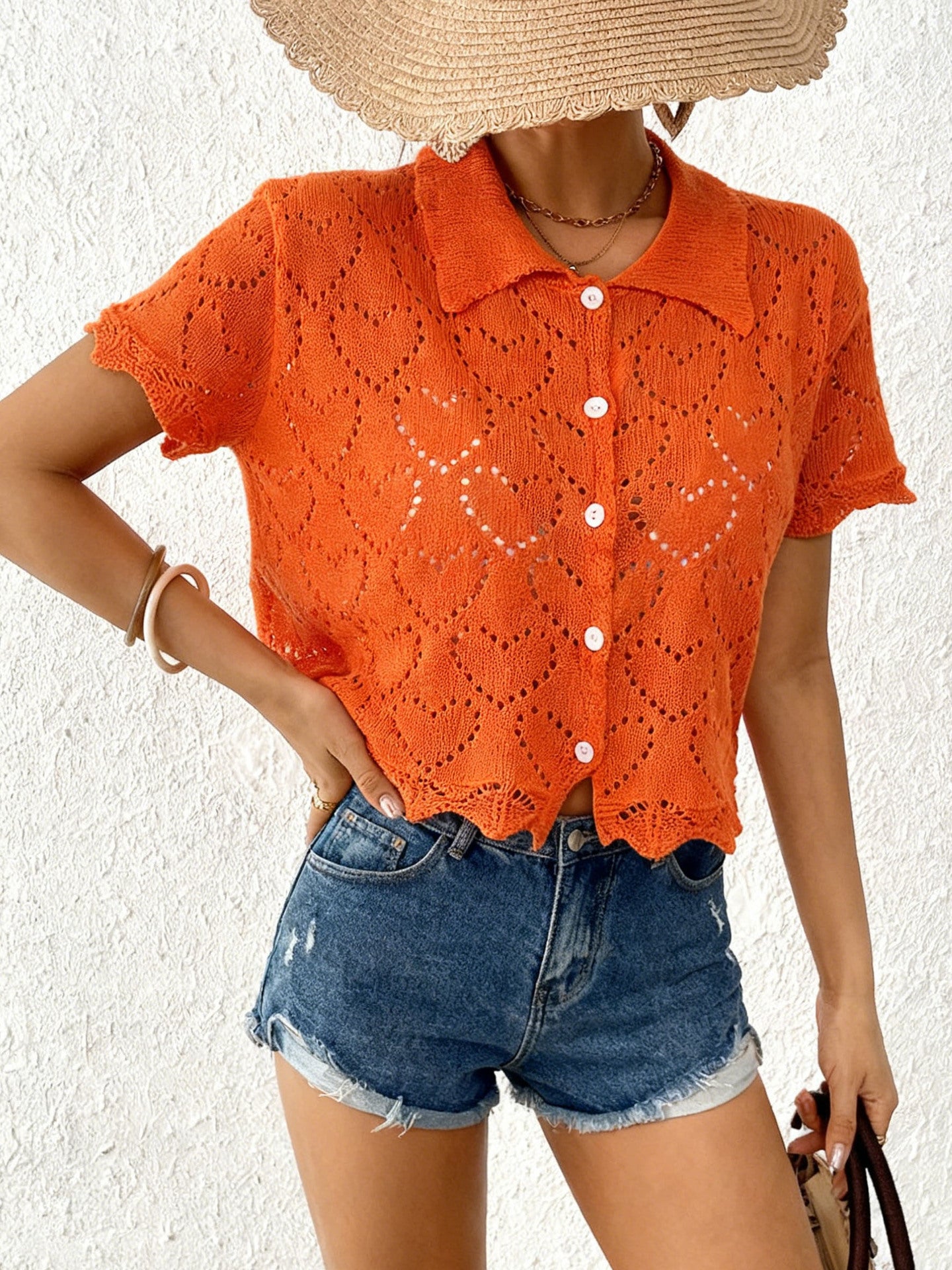 Crochet Heart Knit Button Front Cardigan Beach Cover Up