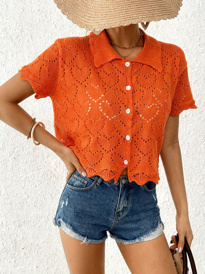 Crochet Heart Knit Button Front Cardigan Beach Cover Up
