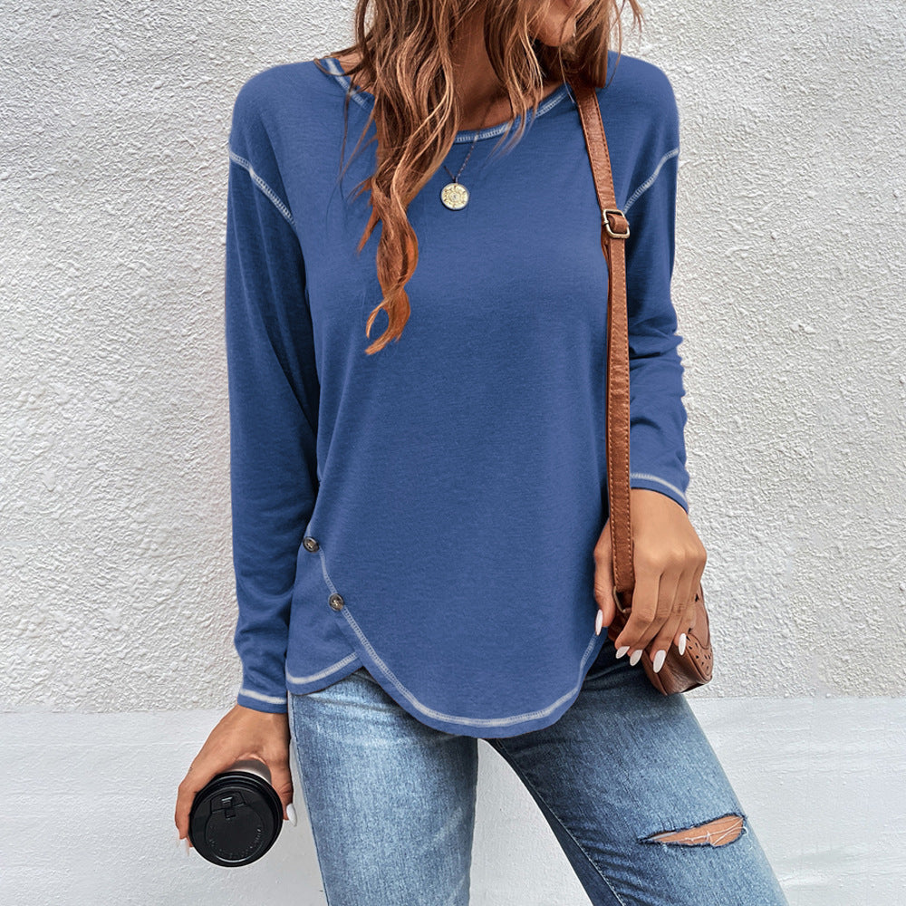 Women's Side Button Long Sleeve Curved Hem Tunic Top