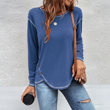 Women's Side Button Long Sleeve Curved Hem Tunic Top