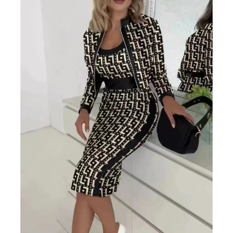Women's Houndstooth 3 Piece Skirt Set Long Sleeve