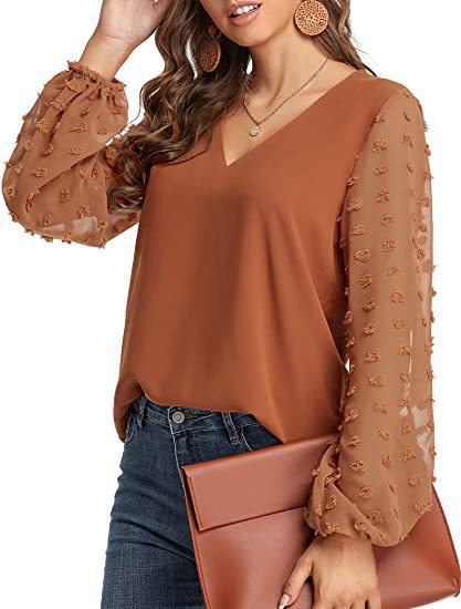 Women's V-Neck Chiffon Blouse Textured Puff Sleeve Top
