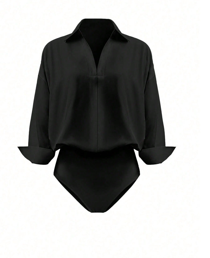 Women's V Neck Collared Business Casual Blouse Long Sleeve