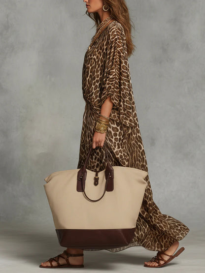 Leopard Print V-Neck Maxi Dress Batwing Sleeve Twist Front