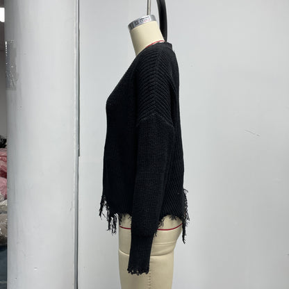 Women's Oversized V Neck Frayed Hem Knit Sweater