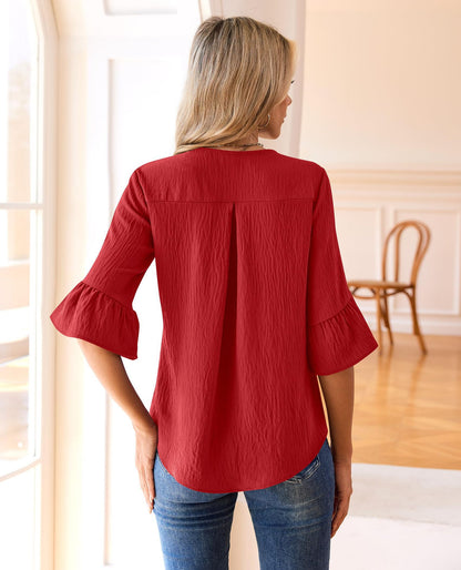 Ruffle V Neck 3/4 Sleeve Textured Blouse Top
