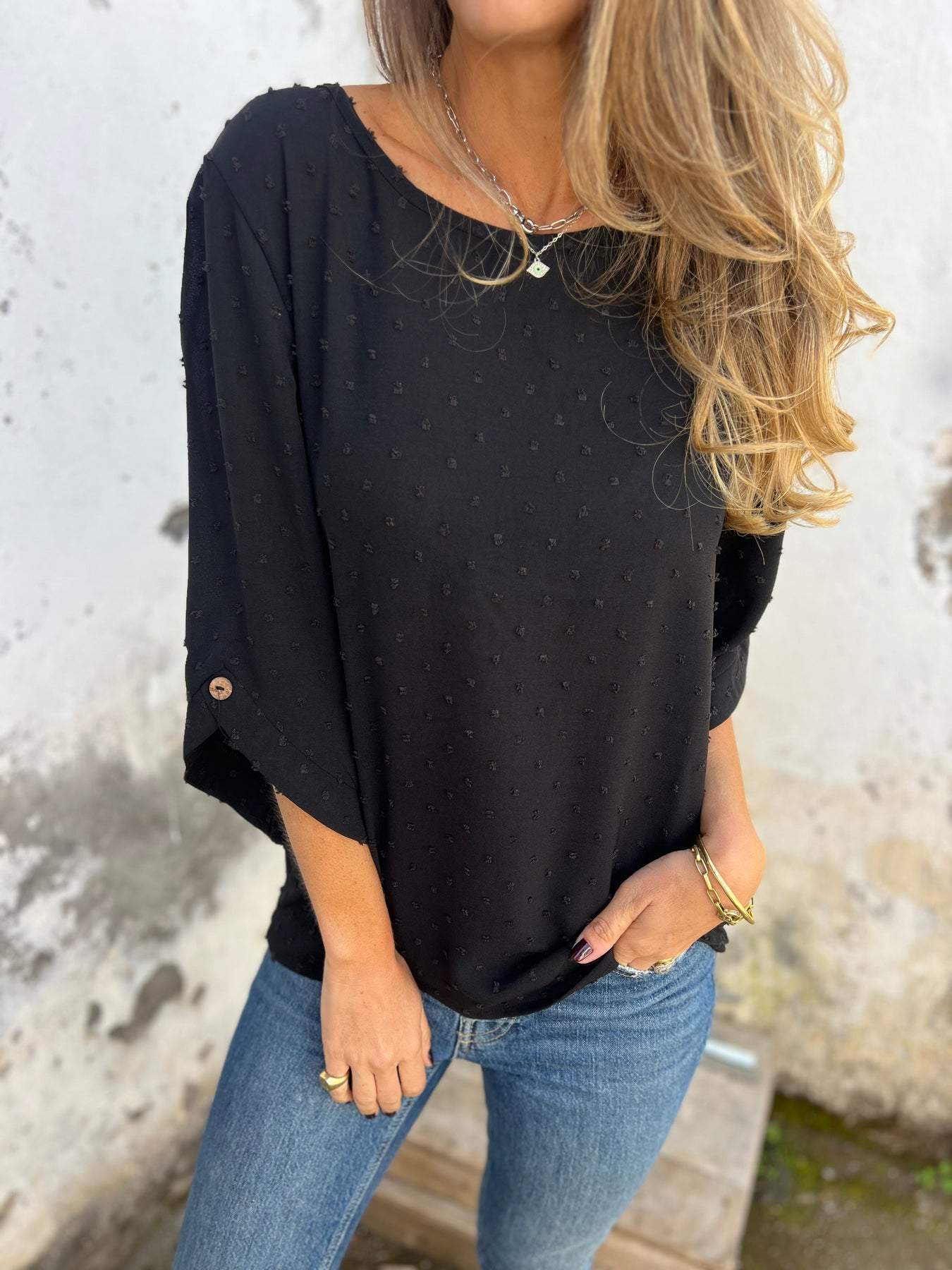 Women's Loose Swiss Dot Blouse 3/4 Sleeve Round Neck