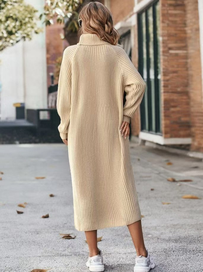 Oversized Ribbed Turtleneck Sweater Dress Long Sleeve Midi