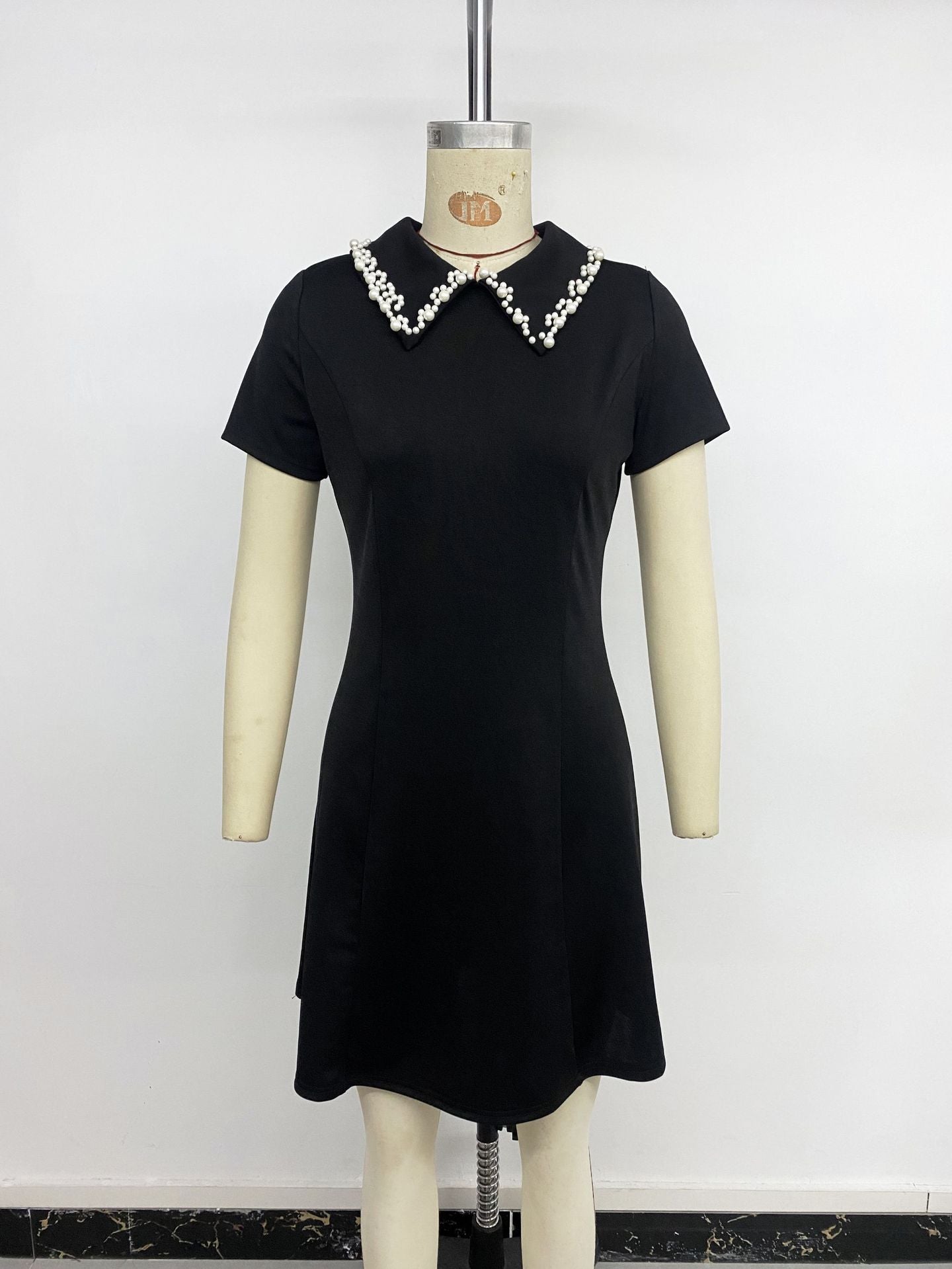 Beaded Collar Black Polo Mini Dress Casual Short Sleeve