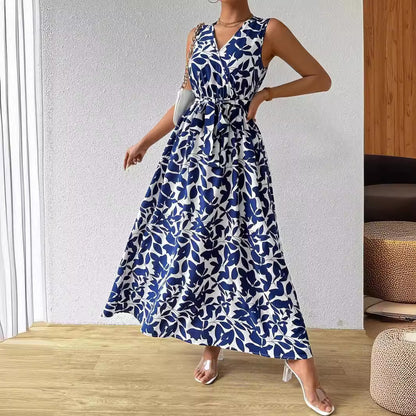 Elegant French Holiday Style V-Neck Printed Lace-Up Maxi Dress