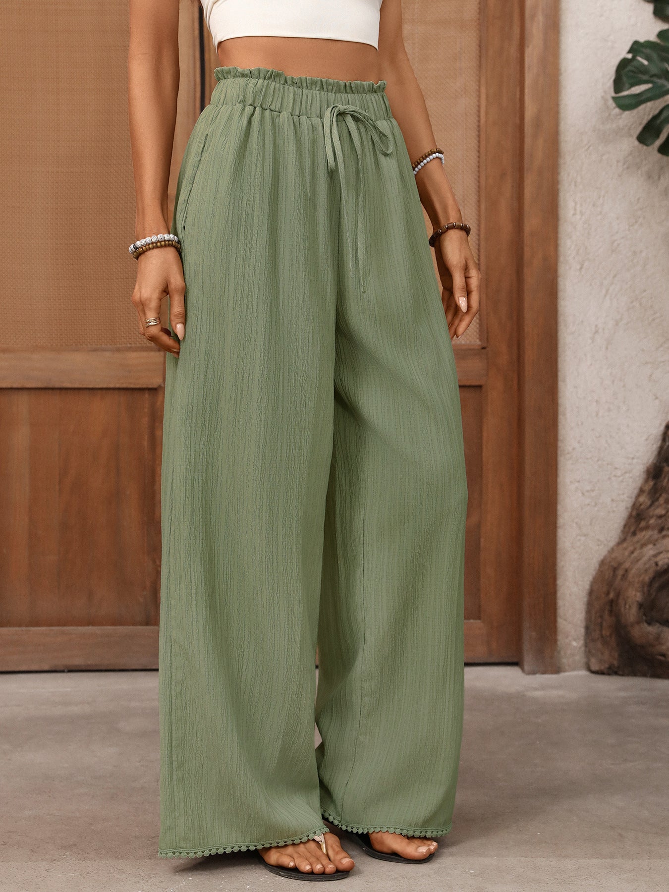 Scalloped Wide Leg Pants High Waist Elastic Summer Beach