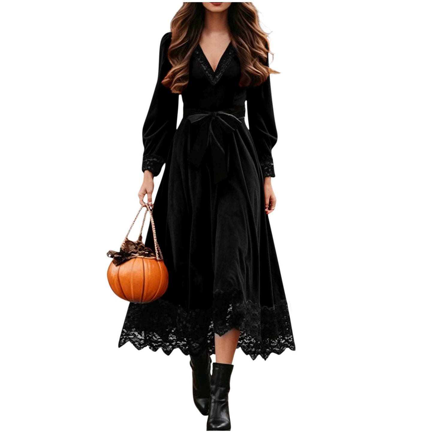 Velvet Maxi Dress V-Neck Lace Trim Puff Sleeve Flowy