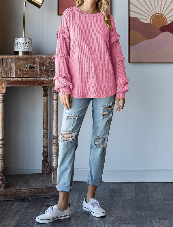 Lantern Sleeve Lace Round Neck Top