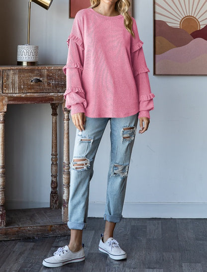 Lantern Sleeve Lace Round Neck Top