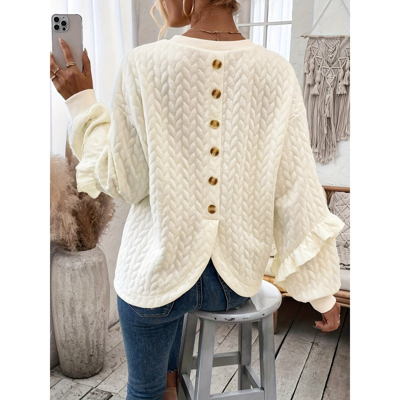 Textured Wheat Embossed Ruffle Sleeve Sweatshirt