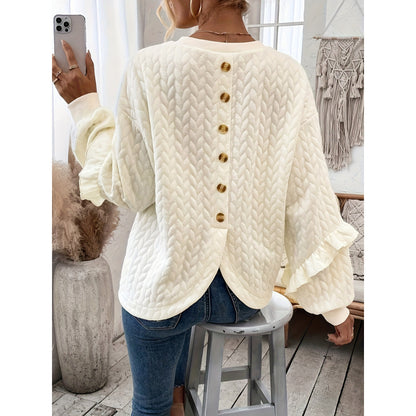 Textured Wheat Embossed Ruffle Sleeve Sweatshirt